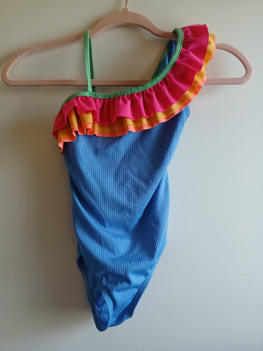 One-Shoulder Girls' Blue Ruffled One-Piece Swimsuit 6